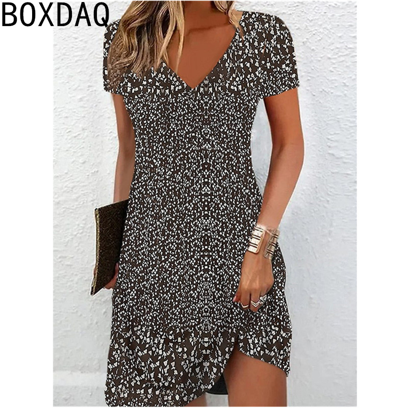 Robe d'été pour femmes, Vintage, imprimé Floral, Mini, col en v, manches courtes, décontractée, robes de vacances, robe surdimensionnée