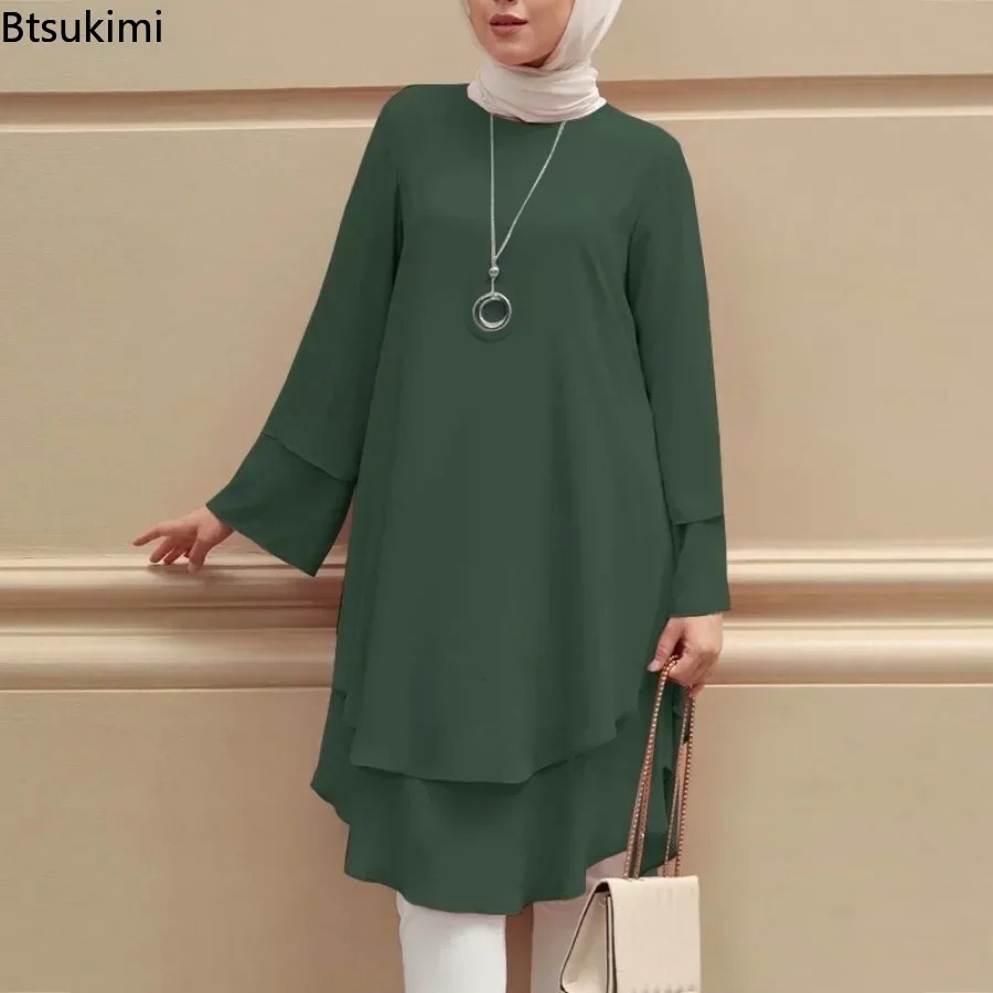 Nouvelles femmes musulmanes Blouse mode deux couches Design élégant femme vacances fête solide chemise hauts turquie longue Robe Abaya Hijab 2026