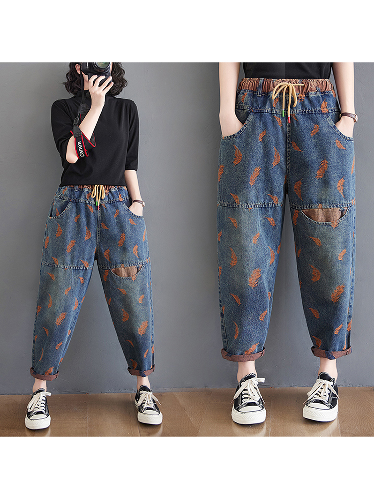 Jean pour femmes printemps rue plume broderie couleur contraste ample mince cordon poches taille élastique Denim pantalon femme