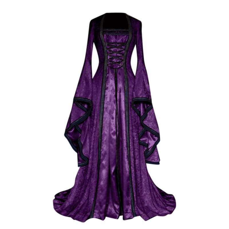 Robe médiévale pour femmes, robe longue à manches trompette, costume de cosplay, robe de sorcière, princesse, tenue d'Halloween