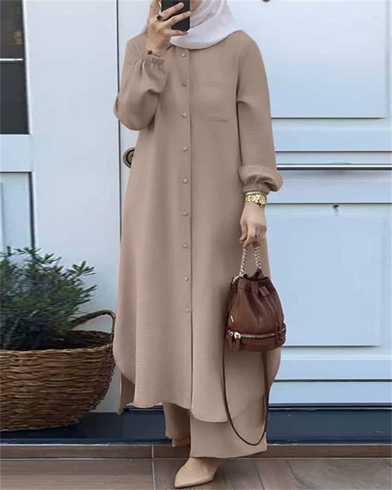 Ensemble de vêtements de sport deux pièces pour femmes, chemise à manches longues, pantalon à jambes larges, monochromatique élégant, vêtements de luxe islamiques, arabe