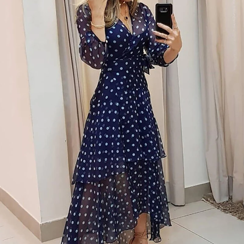 Robe de Soirée Élégante à Pois Imprimé Bleu Foncé, Tenue Plissée Irrégulière, Décontractée, Col en V, Taille Haute, Éducative