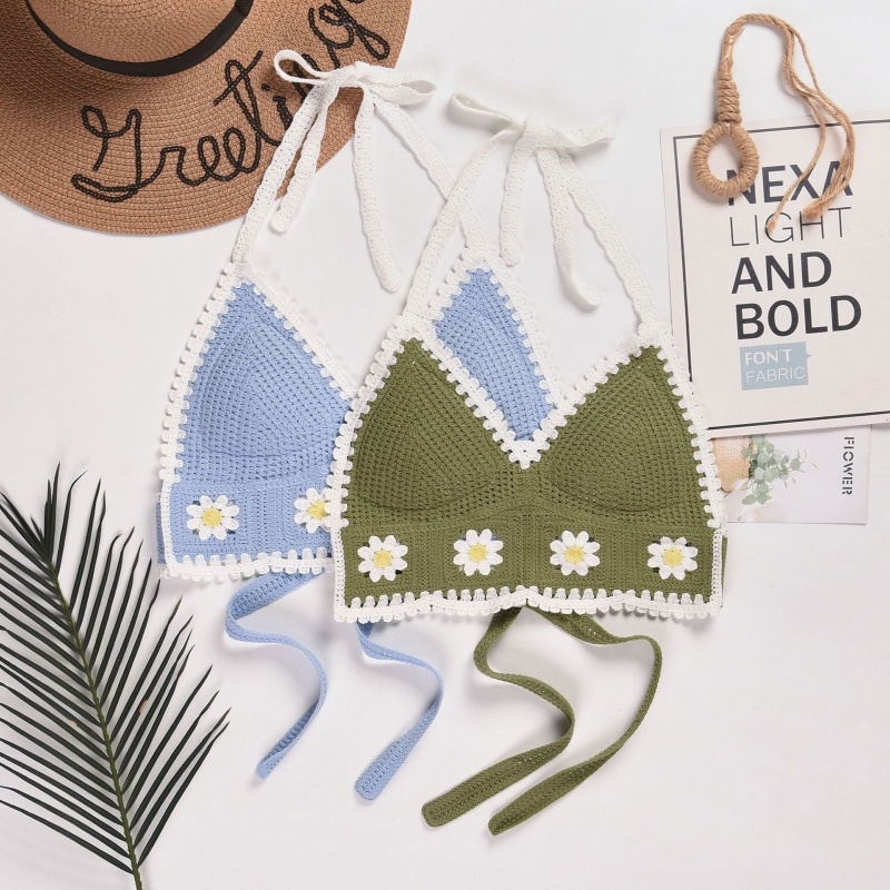 Haut de plage court en Crochet pour femmes, Sexy, style Boho, soutien-gorge col licou, tricot, dos nu, débardeur