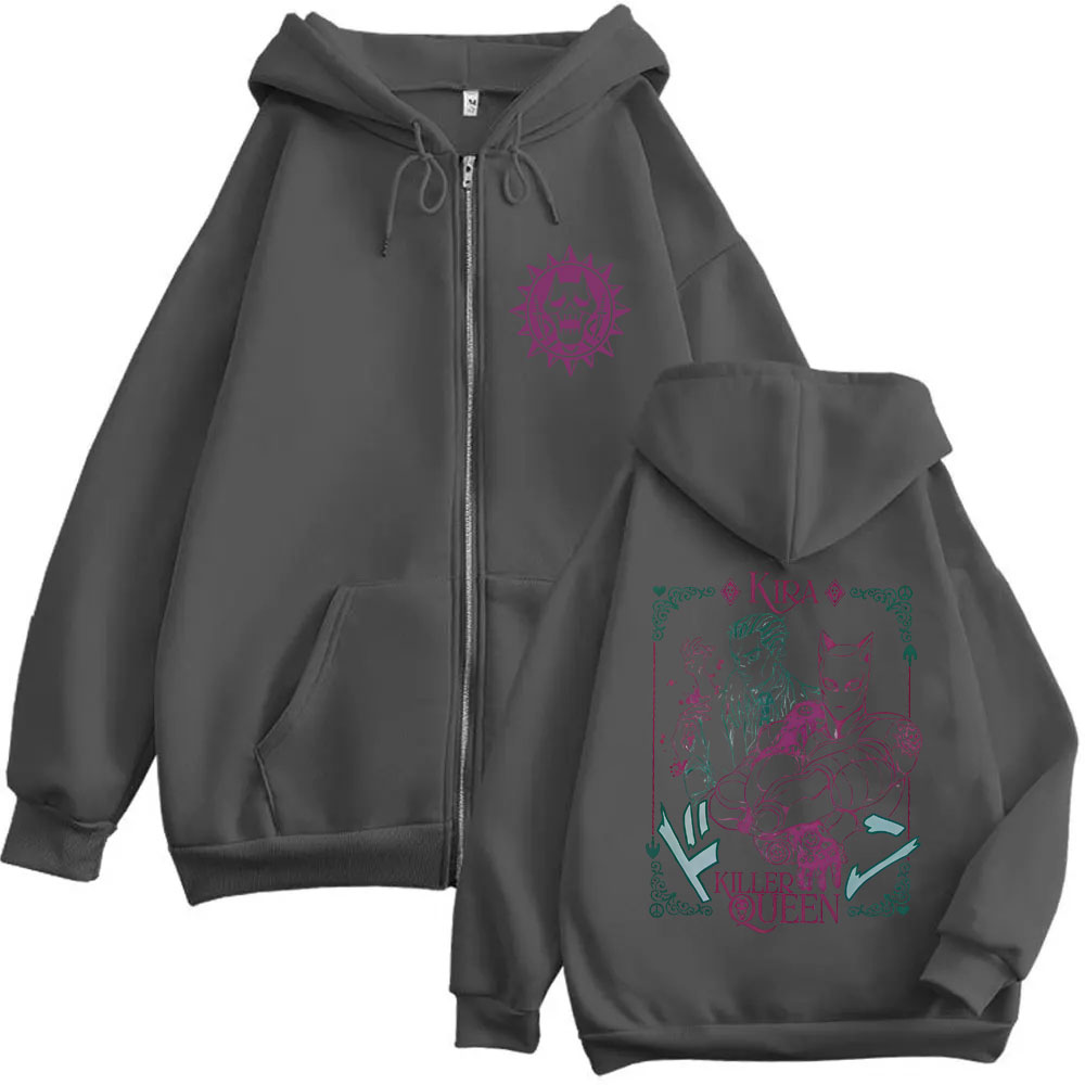 Anime Jojo's Bizarre Adventure Kira Killer Queen sweat à capuche avec fermeture éclair hommes femmes Manga décontracté Vintage veste zippée mâle manteau surdimensionné