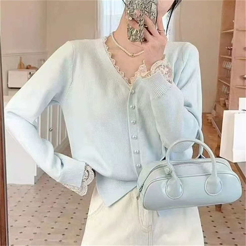 Femmes vêtements automne hiver mode bouton dentelle Patchwork couleur unie tricot femme mince col en v pull Cardigan vêtements hauts