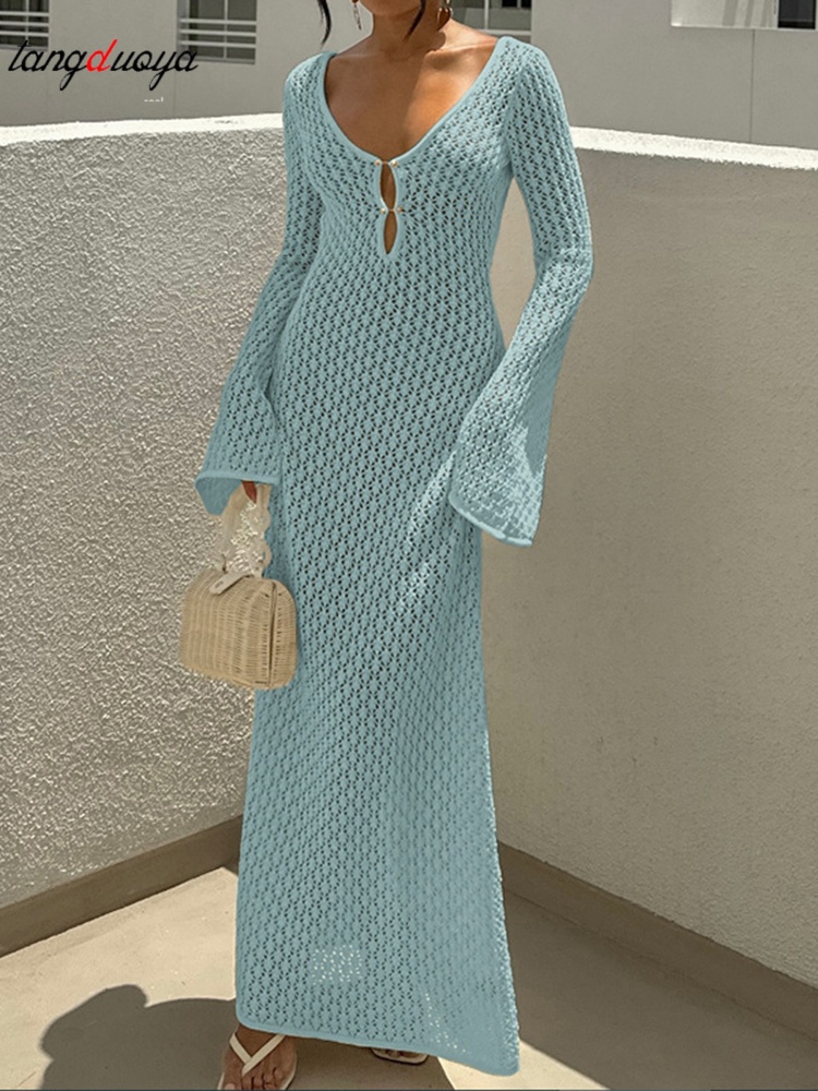 Robe de plage longue en maille sexy pour femme, tricot ajouré, col en V, manches longues, transparente, dos nu, pour les vacances