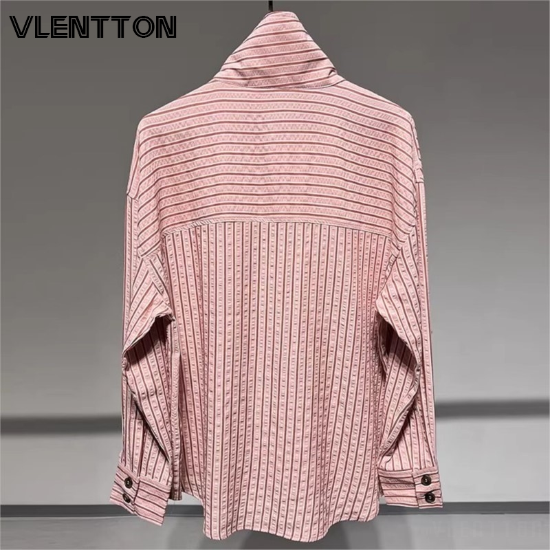 Nouvelle Collection Printemps 2026 – Chemise Rose Rayée à Col Montant pour Femme, Décontractée, Boutonnée, Manches Longues, Coupe Ample et Polyvalente