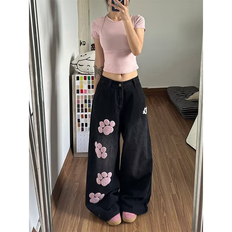 Jean baggy brodé bleu Y2K pour femme, style années 2000, pantalon boyfriend vintage Harajuku, jean oversize en denim pour l'été