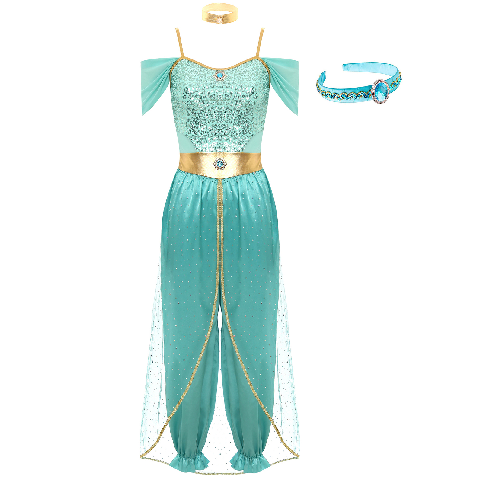 Costume de danse du ventre pour femme, tenue de princesse arabe, bandeau orné de pierres, combinaison à sequins, collier ras du cou métallique brillant, déguisement