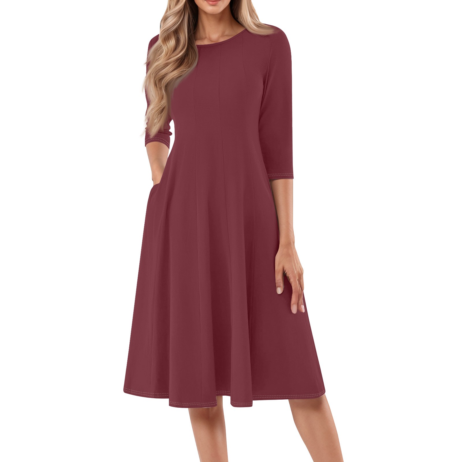 Manches longues t-shirt robes pour femmes poches décontracté ample balançoire Robe femme décontracté couleur unie col rond manches longues Robe Robe