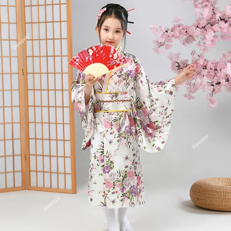 Robe kimono imprimée de fleurs de cerisier vibrantes, ensembles de kimono japonais pour filles, spectacles scolaires de cosplay traditionnels pour les élèves du primaire