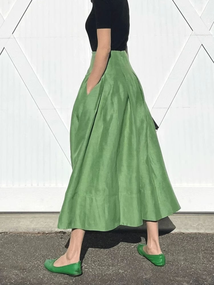 Faldas Mujer Moda rétro tempérament vert taille haute mince grand parapluie jupes poche femmes plissé longue décontracté