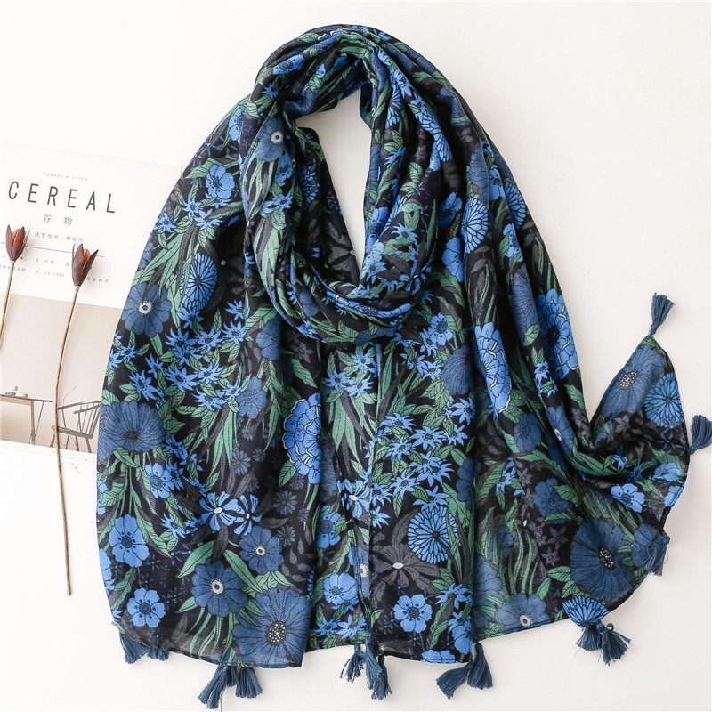 Aztec – châle en Viscose avec imprimé Floral bleu marine, écharpe de haute qualité, foulard doux, Hijab musulman, 180x90Cm