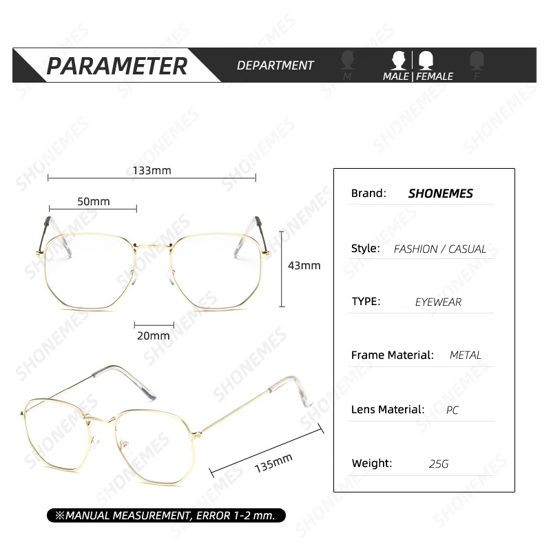 SHONEMES Lunettes Hexagonales Monture Métallique Vintage Polygonal Plaine Lunettes Argent Or Noir pour Hommes Femmes