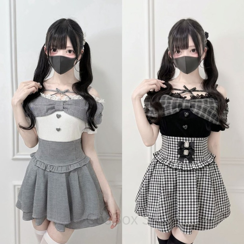 Ensemble Lolita Y2K gothique japonais style japonais avec haut en dentelle à nœud épaules dénudées et jupe écossaise taille haute Jirai Kei Ryousangata