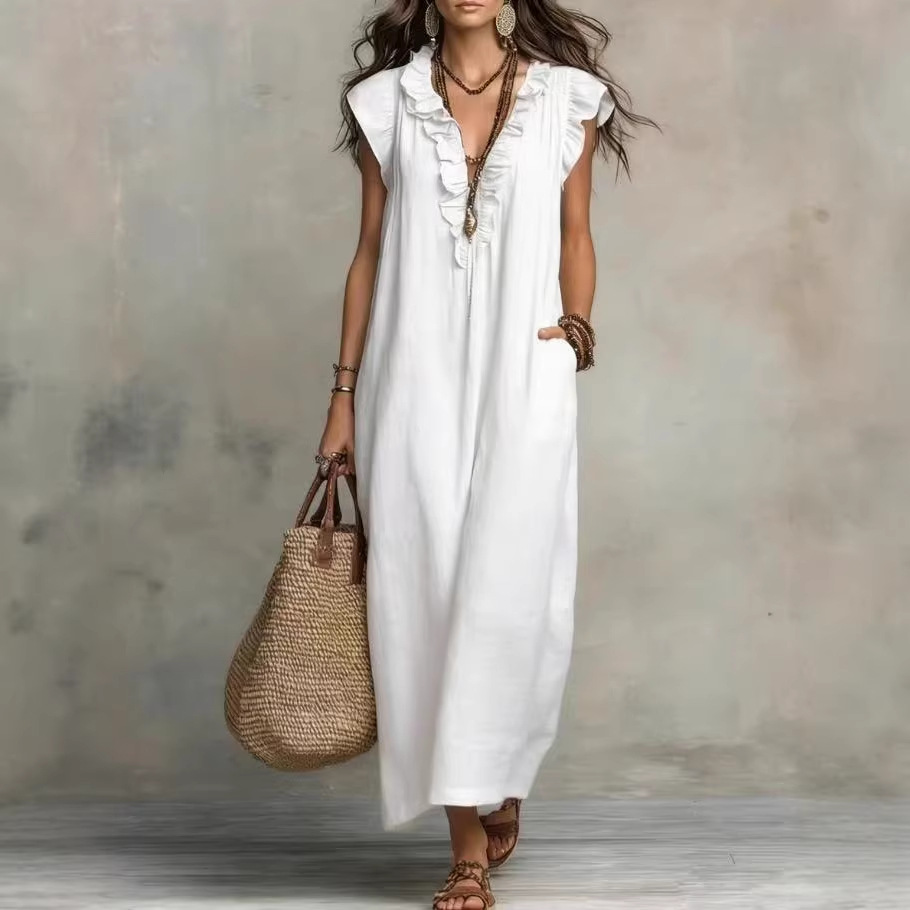 Robe longue décontractée d'été 2026 pour femme, style bohème, en coton et lin, couleur unie, col en V à volants, sans manches, coupe ample, avec poches, pour la plage