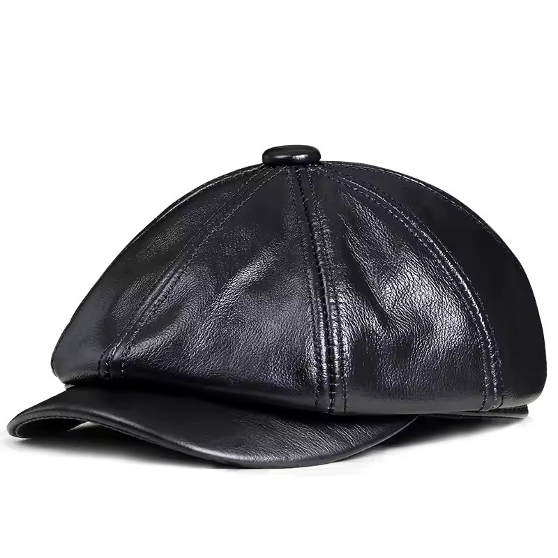 Béret Vintage en cuir véritable unisexe, Casquette octogonale chaude d'hiver pour hommes et femmes, Bonnet pour Homme, noir