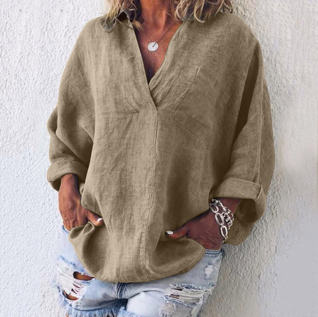 Chemises d'été à la mode pour femmes, couleur unie, col en V, manches longues, décontractées, amples, Style Boho, coton et lin, simples et élégantes