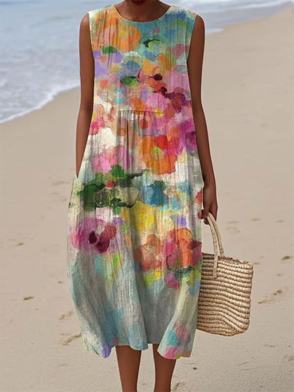 Robe longue pour femmes, imprimé Floral, col rond, sans manches, épissure élégante, Y2k, Streetwear, décontractée, ample, travail, été