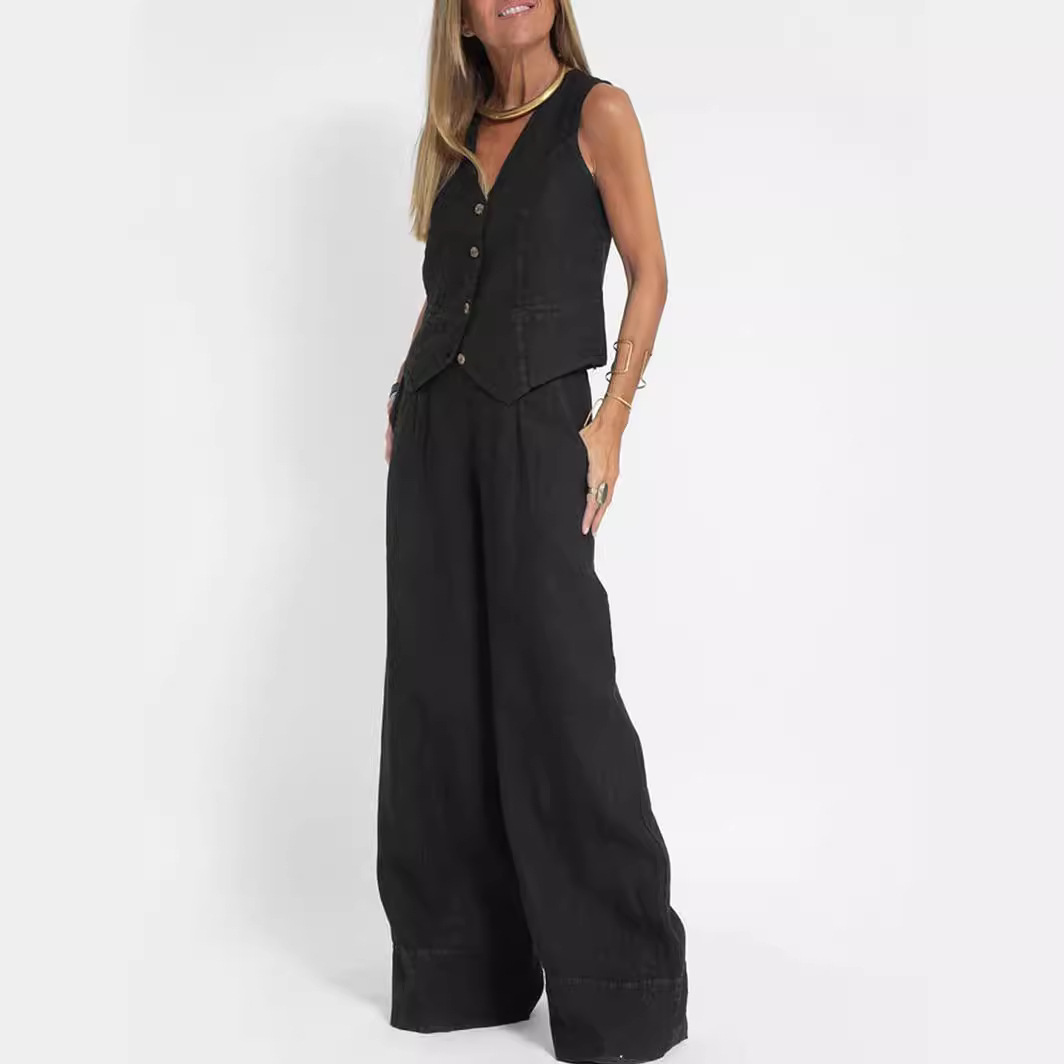 Ensembles 2 pièces pour femmes 2026 : Nouveaux ensembles décontractés en coton et lin patchwork, gilet et pantalon long, vêtements féminins