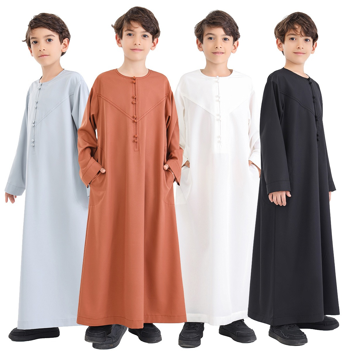Robe longue pour garçons arabes, avec poches latérales, boutons sur le devant, pour adolescents, enfants, Jubba Thobe Hui, ethnique, dubaï, Qatar, prière, caftan marocain