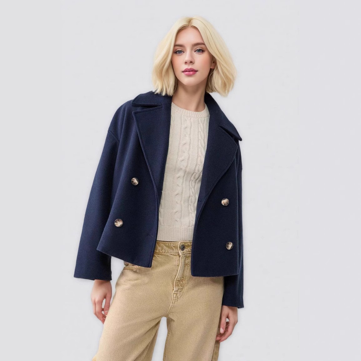 Femmes laine manteaux élégant manteau court Double boutonnage à manches longues vestes mélanges solide poches décontractées veste bureau dame automne
