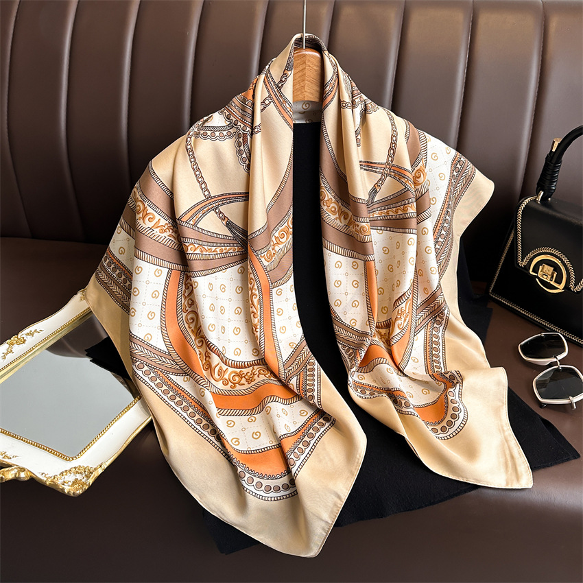 Nouveaux Foulards en Soie Imprimée 90x90cm, Grands Carrés en Satin, Châles pour Femmes, Marque de Luxe, Hijab, Bandeau