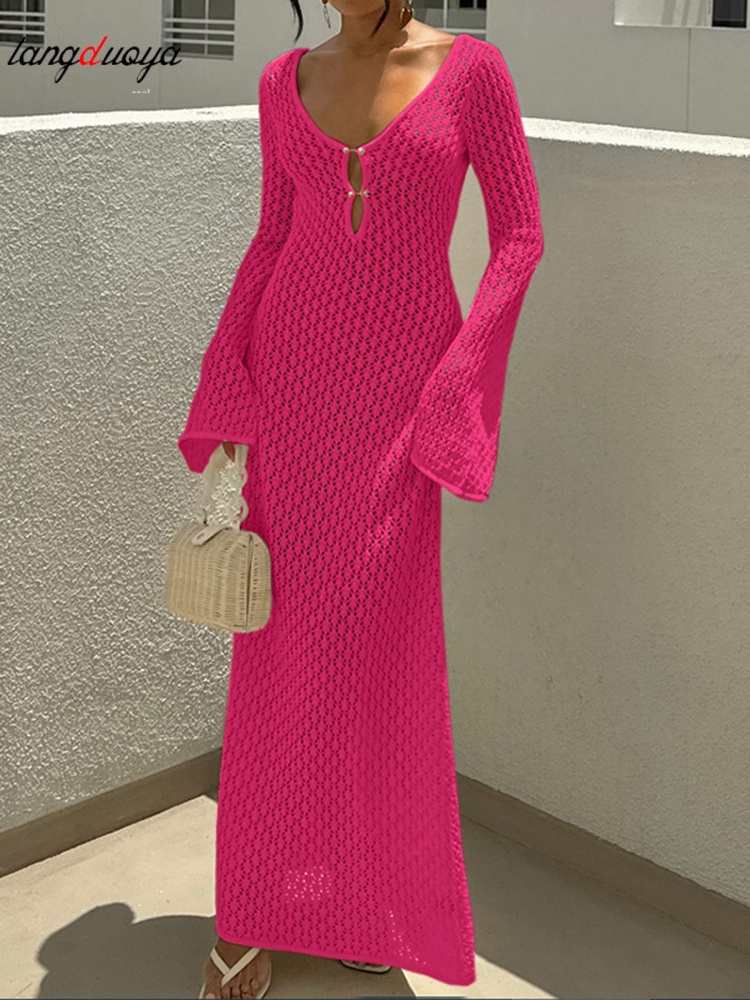 Robe de plage longue en maille sexy pour femme, tricot ajouré, col en V, manches longues, transparente, dos nu, pour les vacances