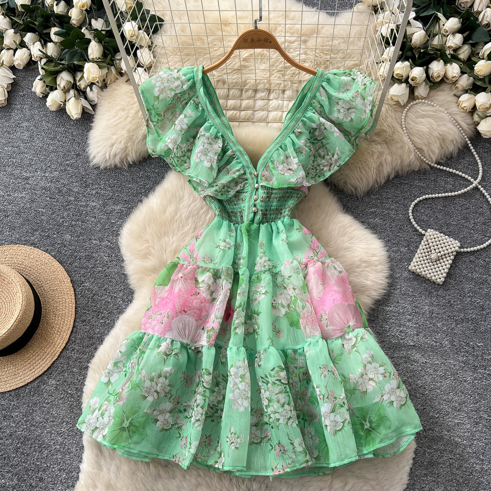 Robe Courte Femme Coupe Trapèze Y2K Streetwear Col V Sans Manches Imprimé Floral Élégante Volants Soirée Travail 2026