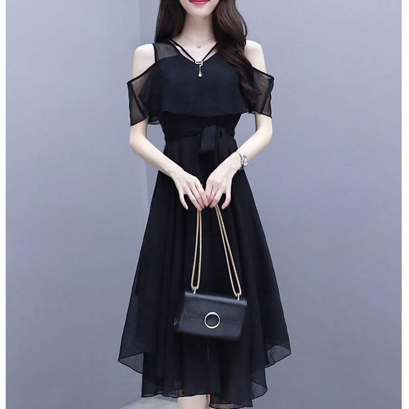 Robe d'été en mousseline de soie pour femmes, tenue de bureau coréenne, gracieuse, décontractée, noire, épaules dénudées, nouvelle mode, vêtements féminins, 2025