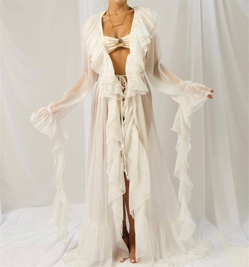 Robe longue maxi en mousseline transparente à volants pour femme, style kimono fluide, ouverte sur le devant avec ceinture à nouer, idéale pour la plage et la natation en été