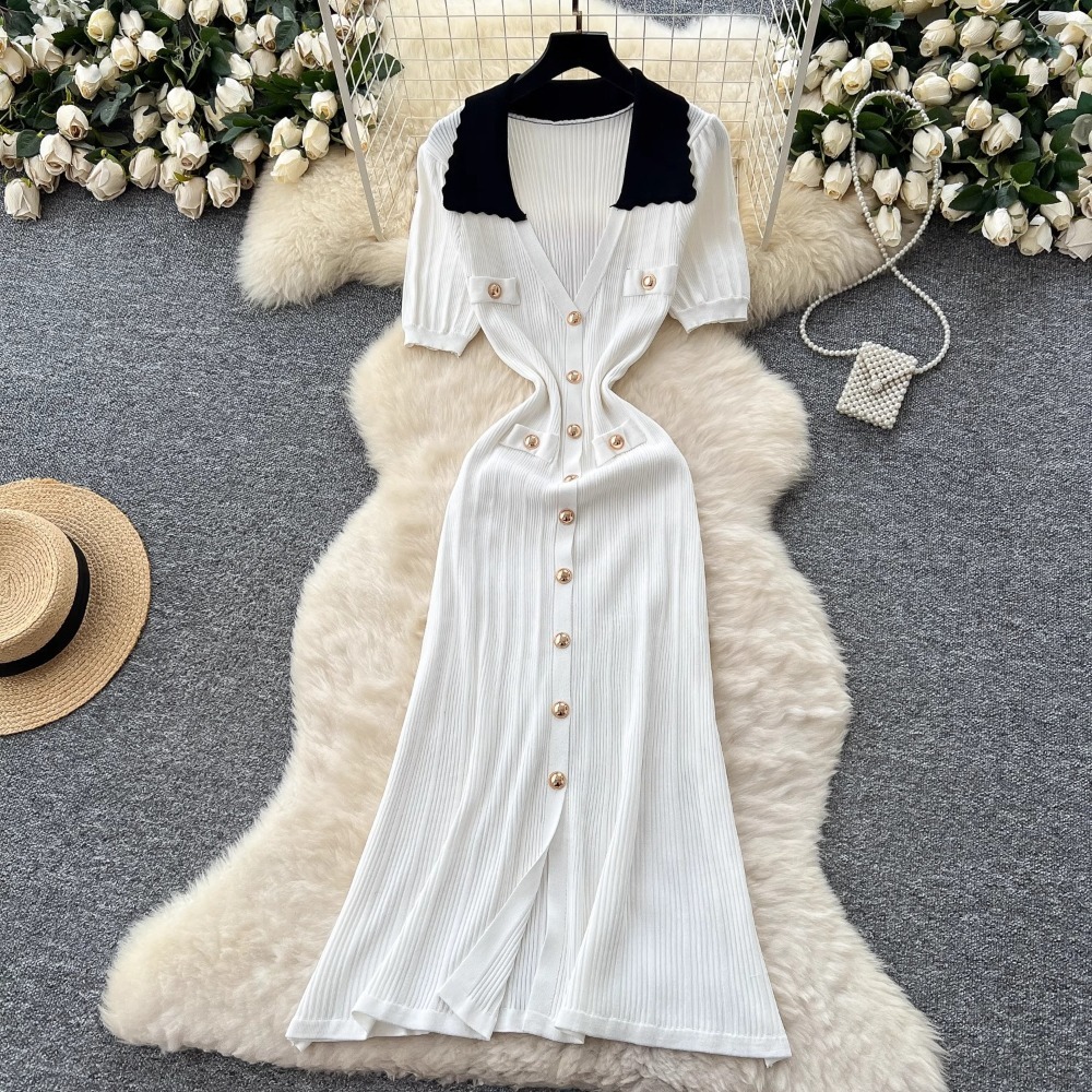 Neploe Style français Vintage lambrissé Moda Robe col rabattu manches bouffantes mince robes élégant Vent tricot luxe Femme Robe