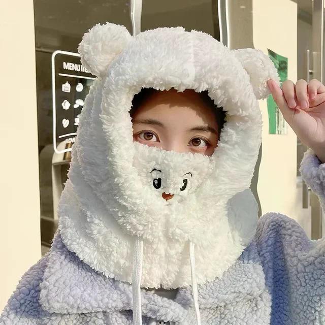 Chapeau de dessin animé d'hiver avec masque ours agneau bonnet chapeaux chaud épaissi Protection des oreilles Skullies bonnets pour femmes fille Kawaii