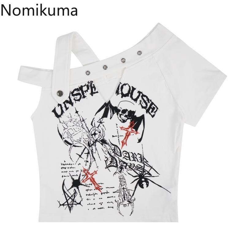 Économie Harajuku Y2K pour femmes, mode japonaise, punk noir, crâne, t-shirts courts, col en Y, tunique, hors initié