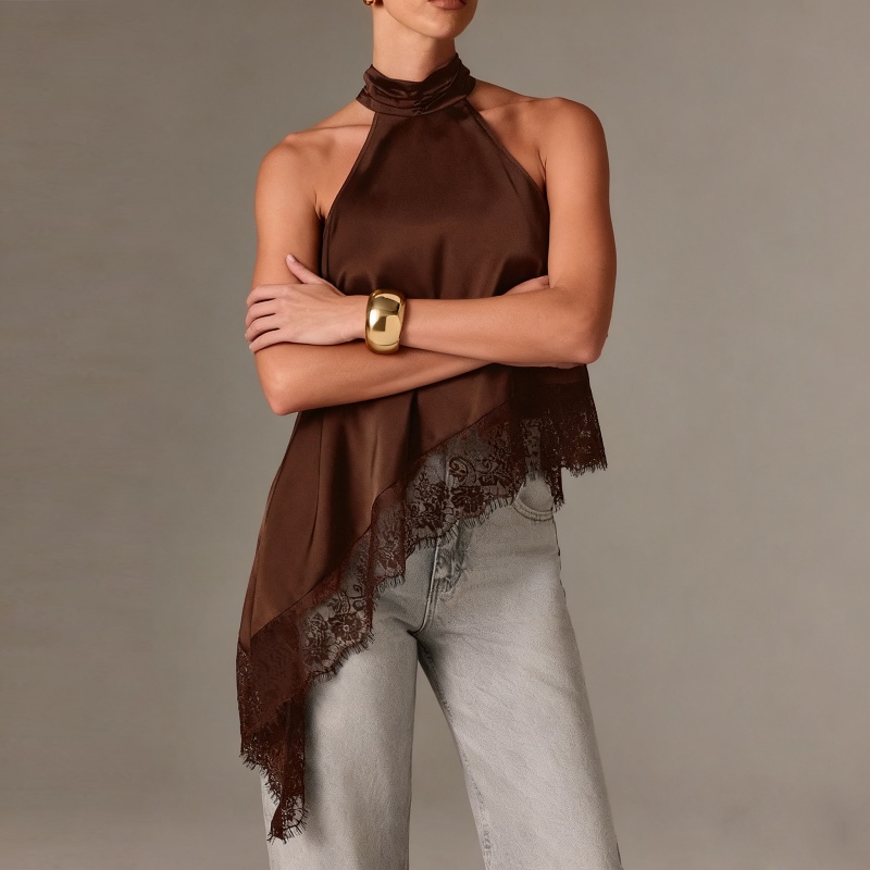 Femmes dentelle florale garniture Satin soie haut bas gilet bouton drapé tour de cou licou cou asymétrique Cami soyeux superposition haut