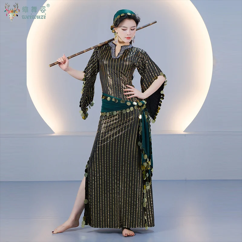Costume de Danse Orientale Scintillant : Robe, Foulard et Foulard de Hanche (4 pièces) – Tenue de Scène Saidi Balady Shabby