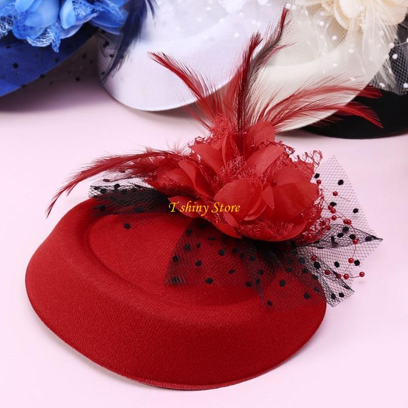 Accessoires de mode pour cheveux : Fascinator pour femme, chapeau de cocktail, chapeau de fête, coiffe de mariage ou d'église avec voile, fleur et plume