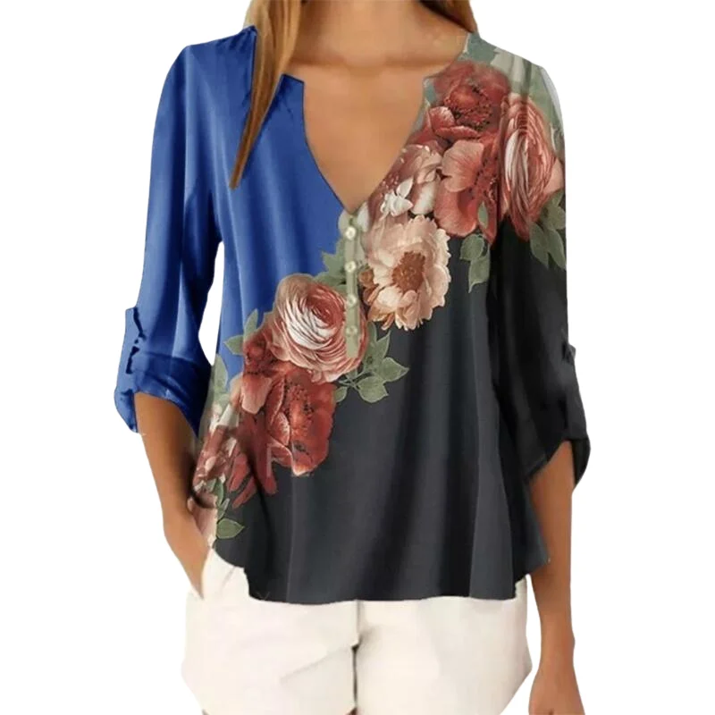 Nouveau été femmes vêtements femmes décontracté adt T-h343 mode imprimé floral avant 3/4 manches Y-V-cou pull chemises pour S-5XL