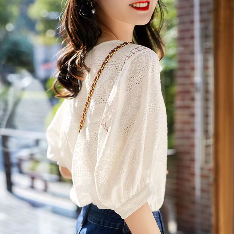 Mode été nouvelle broderie coton dentelle col rond Blouses décontractées nouveau coréen femmes lanterne manches chemises amples vêtements hauts Chic