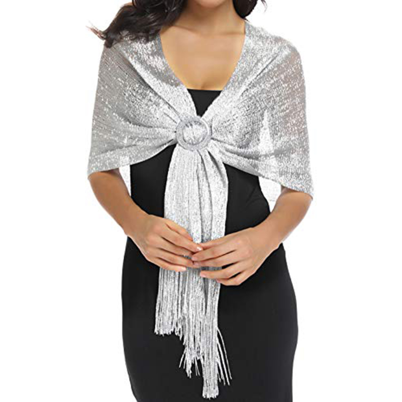 Écharpe en dentelle dorée et argentée brillante avec pompons, châle de protection solaire, hijab tendance, foulards brillants pour femmes, pour soirée, robe de soirée, ou usage quotidien