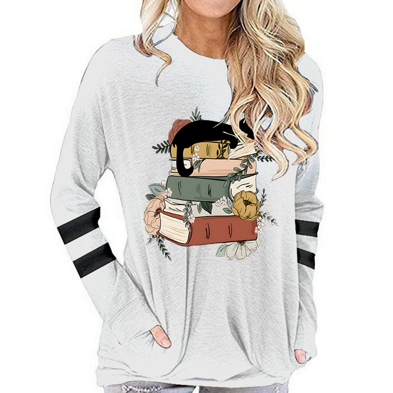 T-shirt à manches longues en coton pour femmes, Vintage chat avec livres imprimés, col rond, hauts drôles de fleurs, livres d'animaux, amoureux