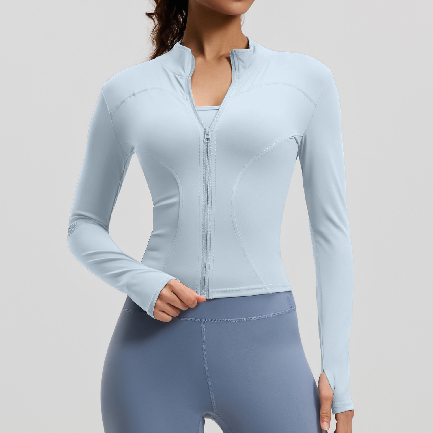 Veste de sport pour femmes : Veste amincissante à coupe ajustée avec col montant, fermeture éclair, gants sans doigts, haut de yoga, vêtements de fitness et de yoga.
