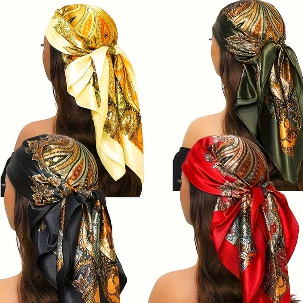 Lot de 4 foulards carrés de 90x90 cm, imitation soie, pour le cou, bandana, foulard de nuit, foulards de cheveux tendance pour femmes
