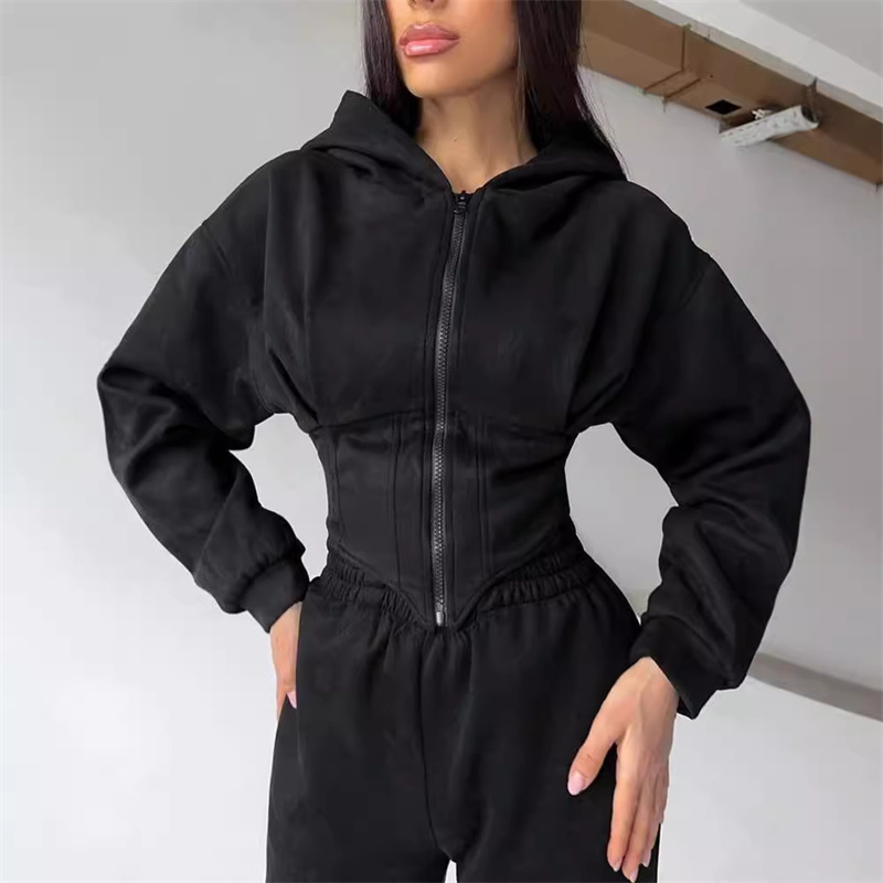 2025 sweat deux pièces costume femmes sport décontracté ensembles fermeture éclair à capuche tunique veste courte haut pantalon droit 2 pièces ensembles