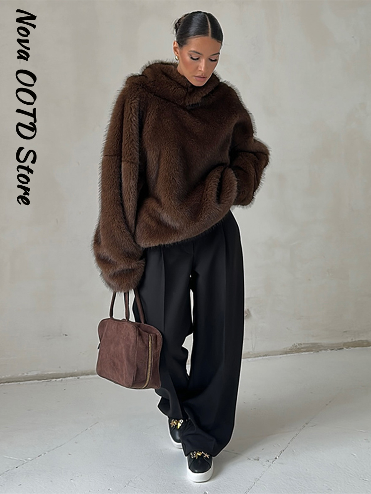 Hiver femmes fourrure à capuche fausse fourrure pull femmes ample manches longues chaud solide manteau 2026 printemps dame rue Chic vêtements d'extérieur nouveau