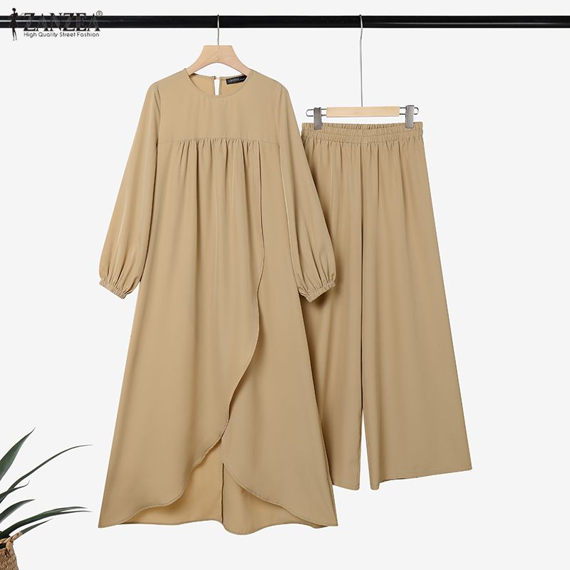 Ensemble musulman ZANZEA 2 pièces pour femmes, hauts longs avec pantalon large, ourlet asymétrique, kaftan, abaya, tenue de Ramadan, hijab, survêtement