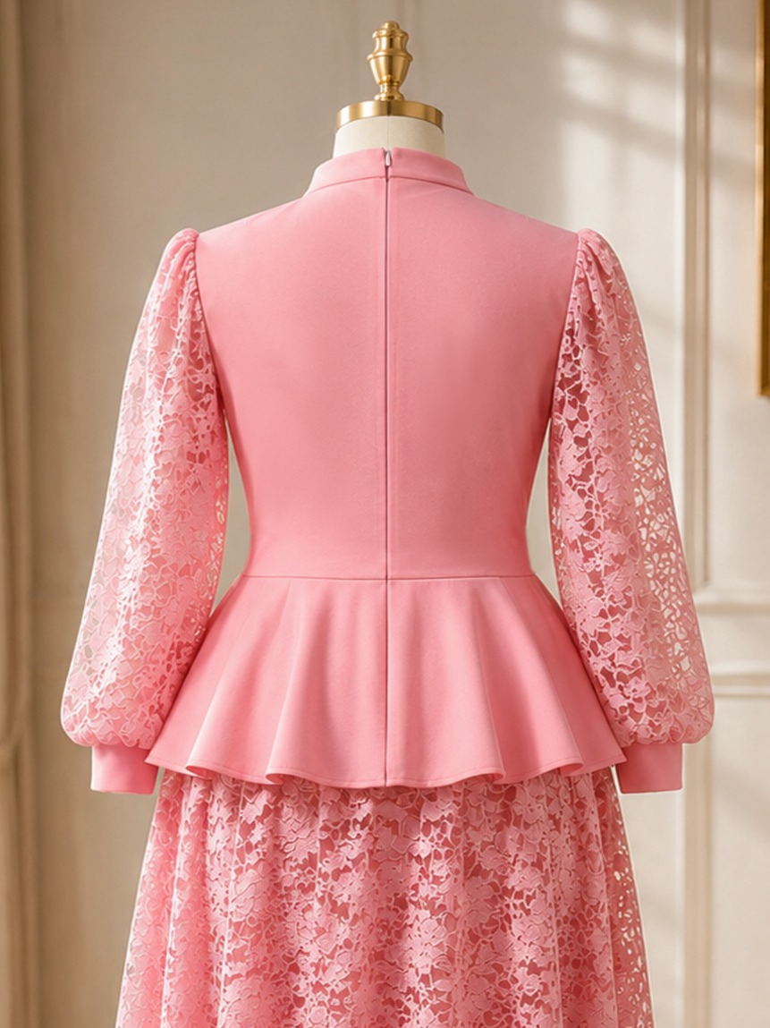 Chemisier Peplum Rose pour Femme, Col Montant, Col en V à Revers, Manches Longues en Dentelle Type Lanterne, Fleur 3D à la Taille, pour Église, Mariage, Invitée, Tenue Décontractée