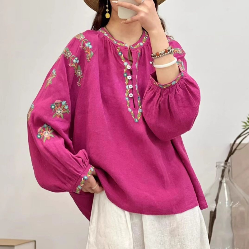 Chemisier brodé à manches longues et col demi-ouvert pour femme, vêtements coréens assortis avec tout, nouvelle mode printemps automne