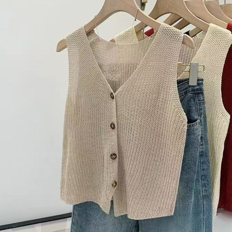 Gilet décontracté en coton et lin coréen pour femme, couleur unie, col en V, coupe ample, idéal pour l'été