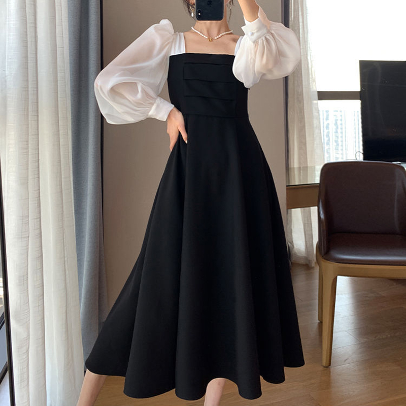 Robe noire coréenne en mousseline de soie pour femme, robe taille haute, patchwork, col carré, robe trapèze, mode élégante, bureau, été, éducatif